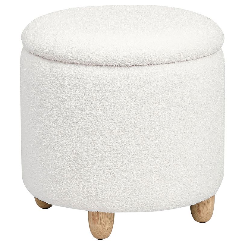 Coaster Valia Faux Sheepskin Upholstered Round Storage Ottoman Ivory in White 910229