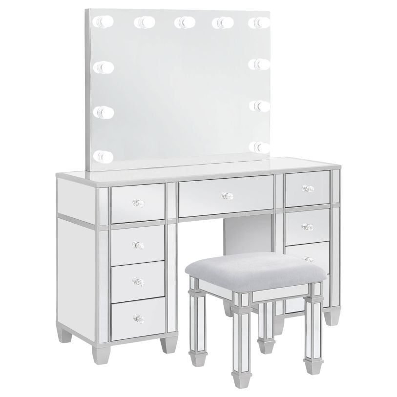 Coaster Allora 9-drawer Mirrored Storage Vanity Set with Hollywood Lighting Metallic in Metallic Silver 930242