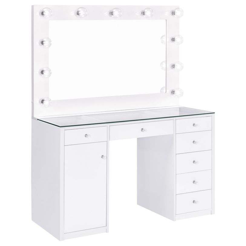 Coaster Acena 7-drawer Glass Top Vanity Desk with Lighting White in White High Gloss 931143