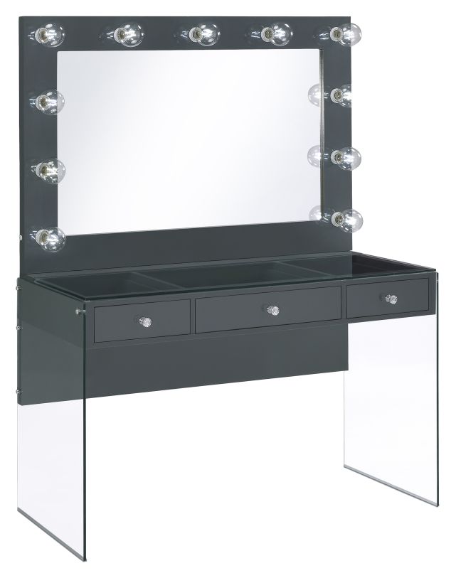 Coaster Afshan 3-drawer Vanity Desk with Lighting Mirror Grey High Gloss in Grey High Gloss 935923