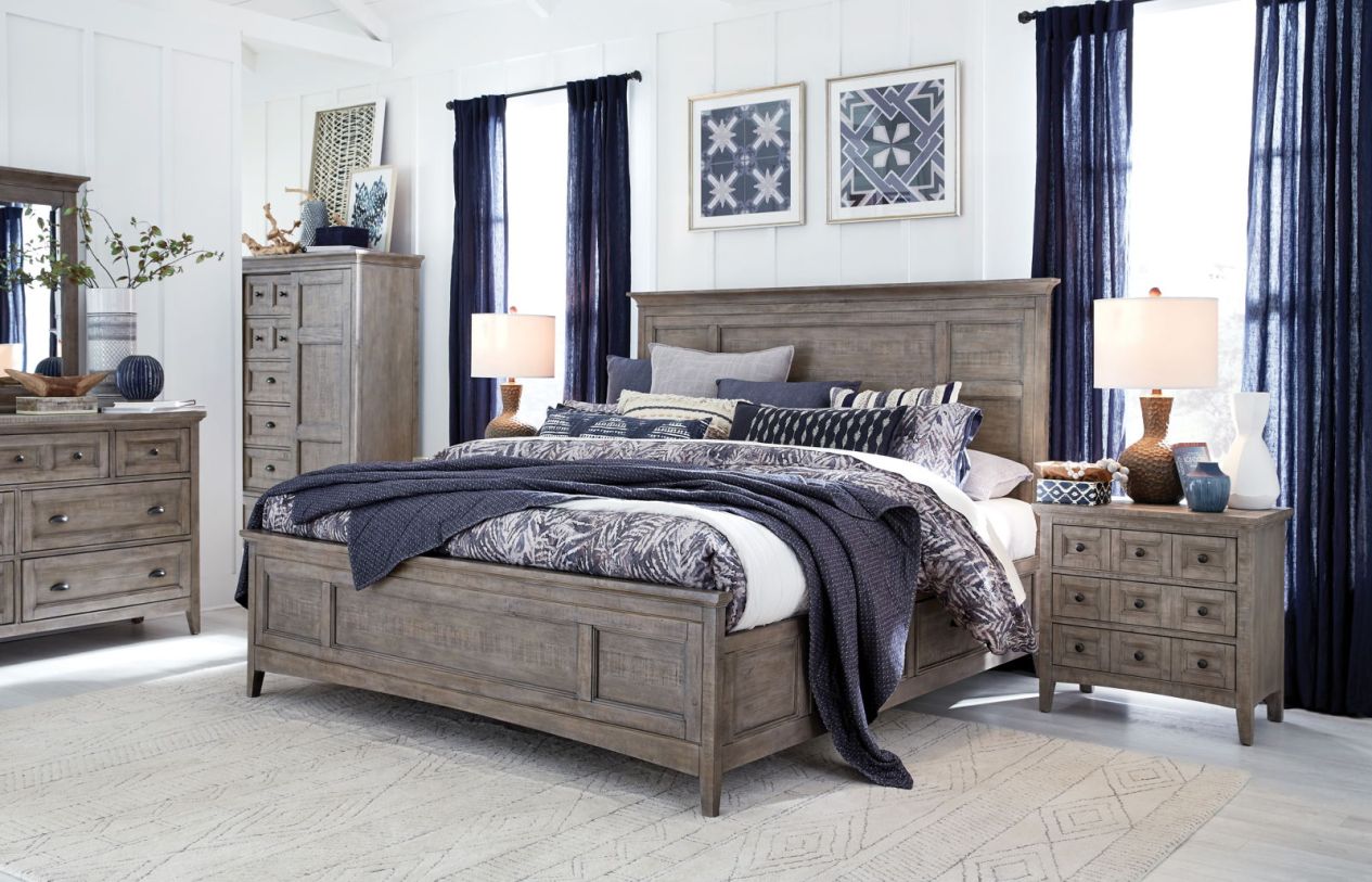 Magnussen Furniture Paxton Place 4pc Panel Bedroom Set with Storage Rails in Dovetail Grey   PROMO